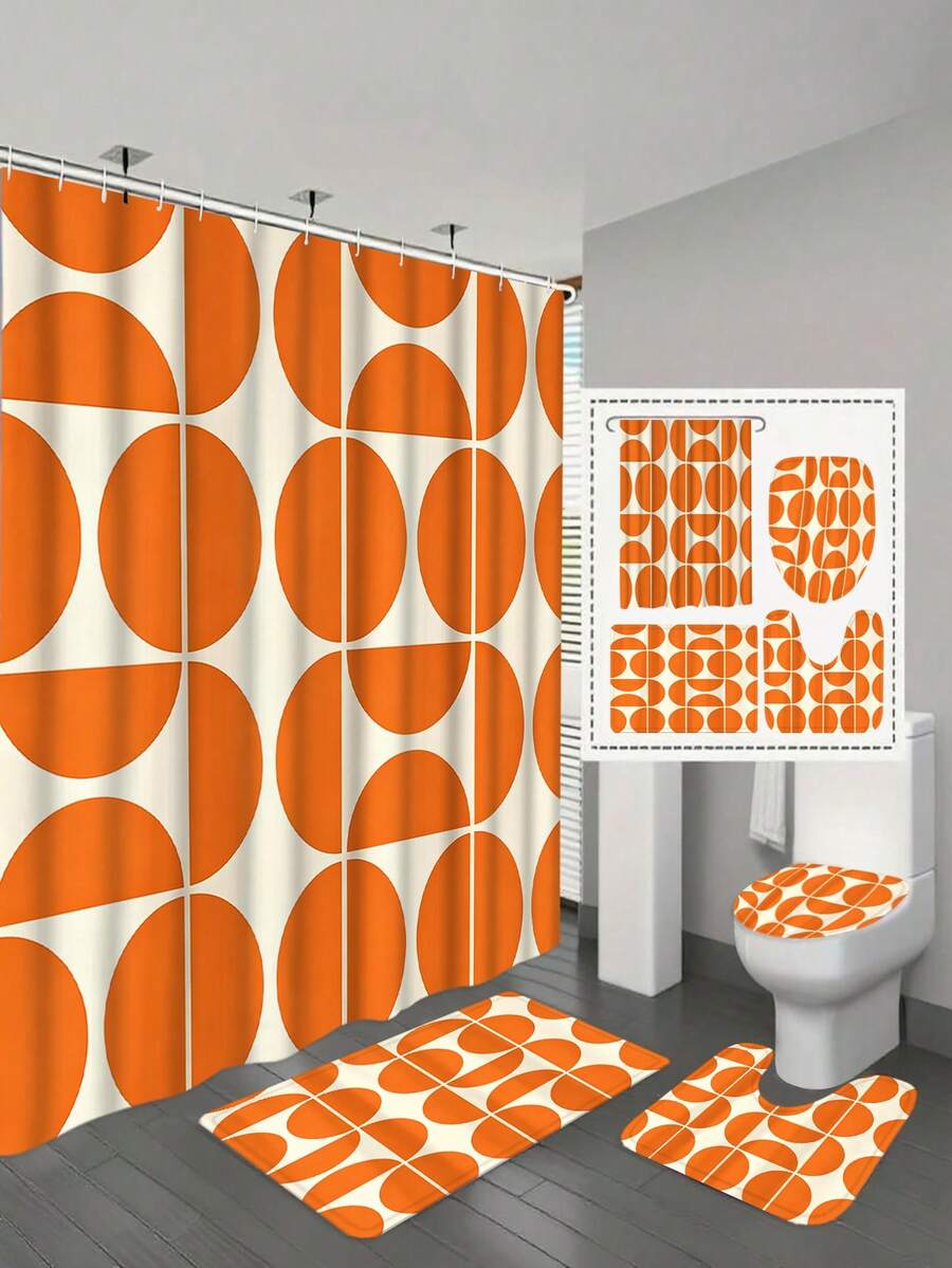 1/4件套橙色中世纪波西米亚风格浴帘套装，现代抽象几何艺术浴室帘，防水涤纶面料，带12个挂钩