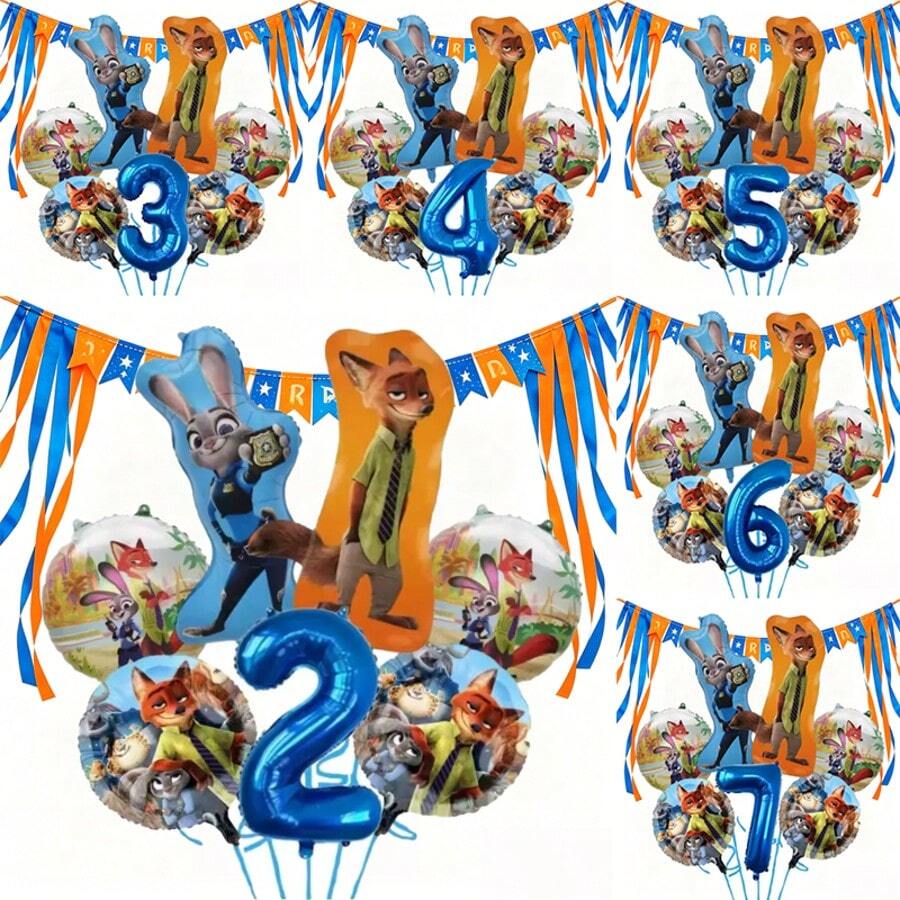 7 st officiellt licensierade tecknade räv- och kanintema orange och blå festballongdekorationsset, inklusive blå folieballonger med tecknat mönster, 32" blå folieballonger med siffrorna 1-9, grattis på födelsedagen, lämpliga för väggdekorationer till födelsedagsfesten, ballongdekorationstillbehör - Visa 1