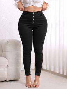 High Waist Elastic Skinny Jeans, Button Fly, Slimming Shaping Compression Denim Pants, Versatile Curvy Plus Size Design Casual Black - Black - View 4
