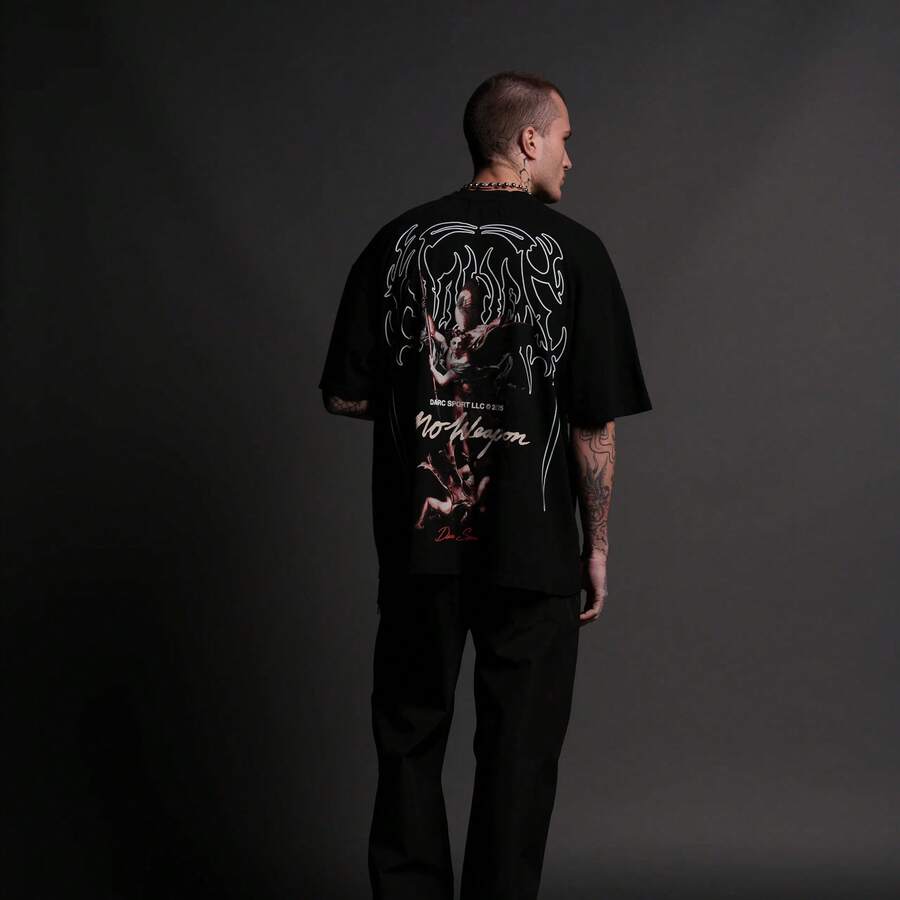 DARCSPORT American Fashion Brand Retro Wolf Head Print Pure Cotton Short-Sleeve T-Shirt, Loose Fit For Both Men And Women - 黑色 - 查看 1