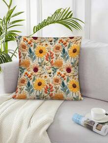 1pc Sunflower & Daisy All-Over Print Pillow Cover, Soft Polyester Fabric, Zipper Design Machine Washable, Warm Yellow Retro Style Sofa Cushion, Suitable For Living Room & Bedroom, Pillow Insert Not Included - A - View 9