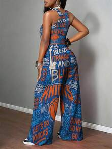 2026 European And American Style Minimalist Vest And Straight Leg Pants Set Orange And Blue Knicks Let's Go Knicks Comfortable And Versatile Casual Two-Piece Set - 薩特利 - 查看 4
