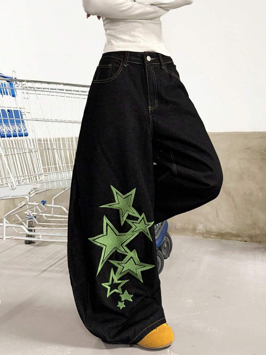 1件日系街頭風女款刺繡彎腿寬鬆闊腿牛仔長褲 時尚四季休閒長褲 - 綠色 - 查看 1