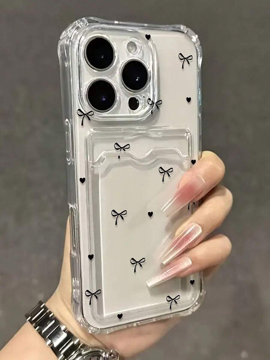 蝴蝶结彩绘透明四边形卡包多功能卡包加厚防震手机保护壳，兼容 17/17 Pro/17 Pro Max、Galaxy S25/S25 Plus、11/12 Pro/12、10/9/Note 9/12C/Note 11 Pro/Note 8 Pro/9C/9A - 粉色 - 查看 1