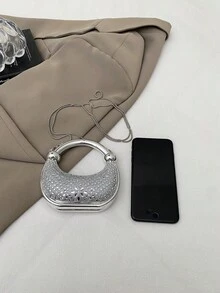 1 chiếc ví mini kim loại mới, ví đựng tiền xu mạ bạc, ví cầm tay kim loại sáng bóng kiểu avant-garde, túi đeo vai có dây xích, túi xách tay bất đối xứng, túi đựng phụ kiện, ví đựng tiền xu thanh lịch, hộp đựng tai nghe, phụ kiện cưới - Bạc - Xem 9