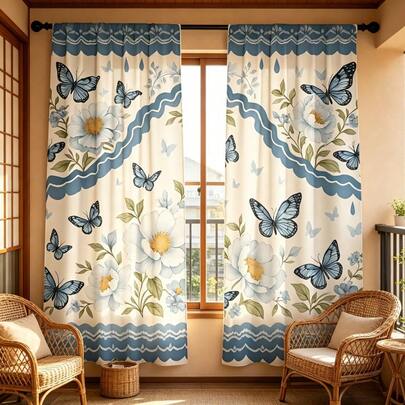 2 pièces Rideaux avec papillons bleus et fleurs. Caractéristiques : papillons bleus rafraîchissants associés à des motifs ondulés bleus, impression 2D, style rustique de ferme, convient pour les salons, cuisines et salles à manger.