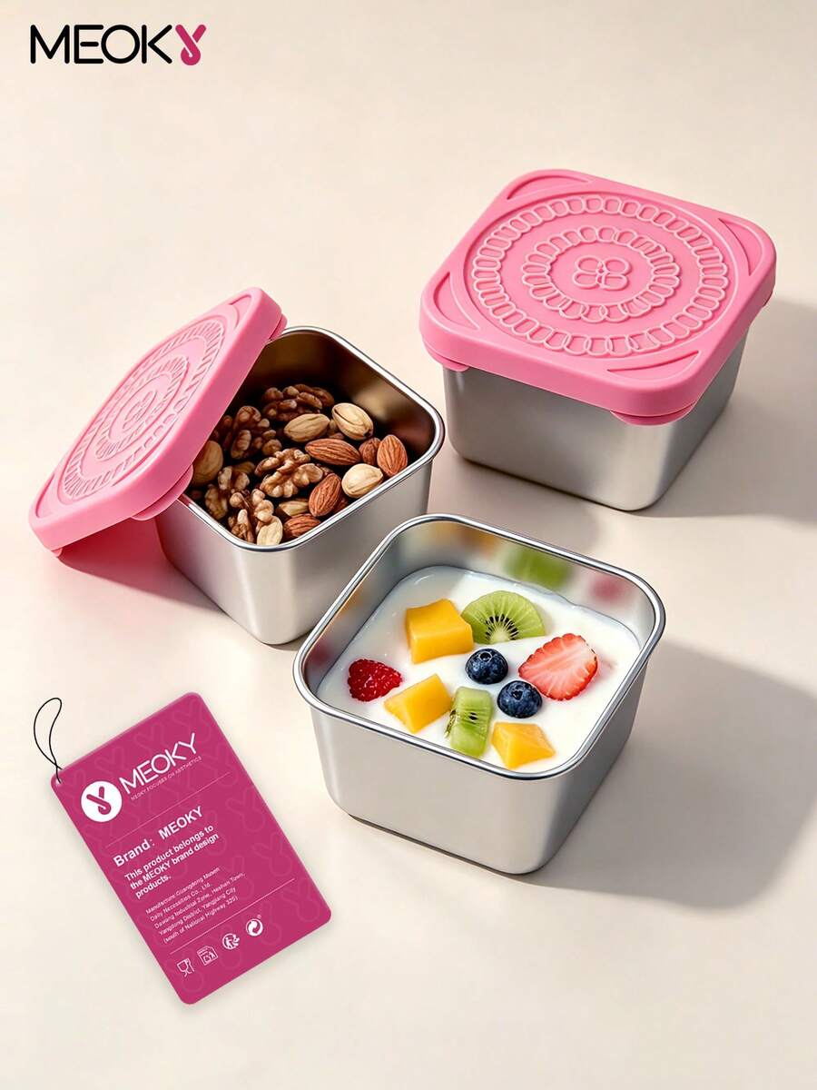 Meoky 3pcs 8oz Stainless Steel Snack Containers With Silicone Lids, Leak-Proof Small Food Storage Boxes, Reusable Metal Lunch Boxes For Snacks, Meal Prep, Travel & Picnic - Pink*3-piece Set - View 1