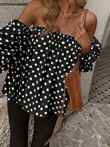 Off-Shoulder Short Sleeve Polka Dot Loose Casual Summer Beach Tops - Black - View 5