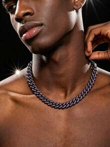 Luxury Black Cuban Link Chain Necklace, Iced Out CZ Paved Hip Hop Chain, Men's Rapper Jewelry Gift For Valentine's Day, - Sparkling Cuban Chain Necklace - View 3