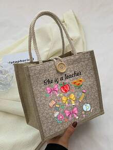 Best Teacher' Letter Print Tote Bag - Suitable As Gift For Mother's Day, Thanksgiving, Women's Day And Goddess Festival. Suitable For Daily Use. - Multicolor - View 4