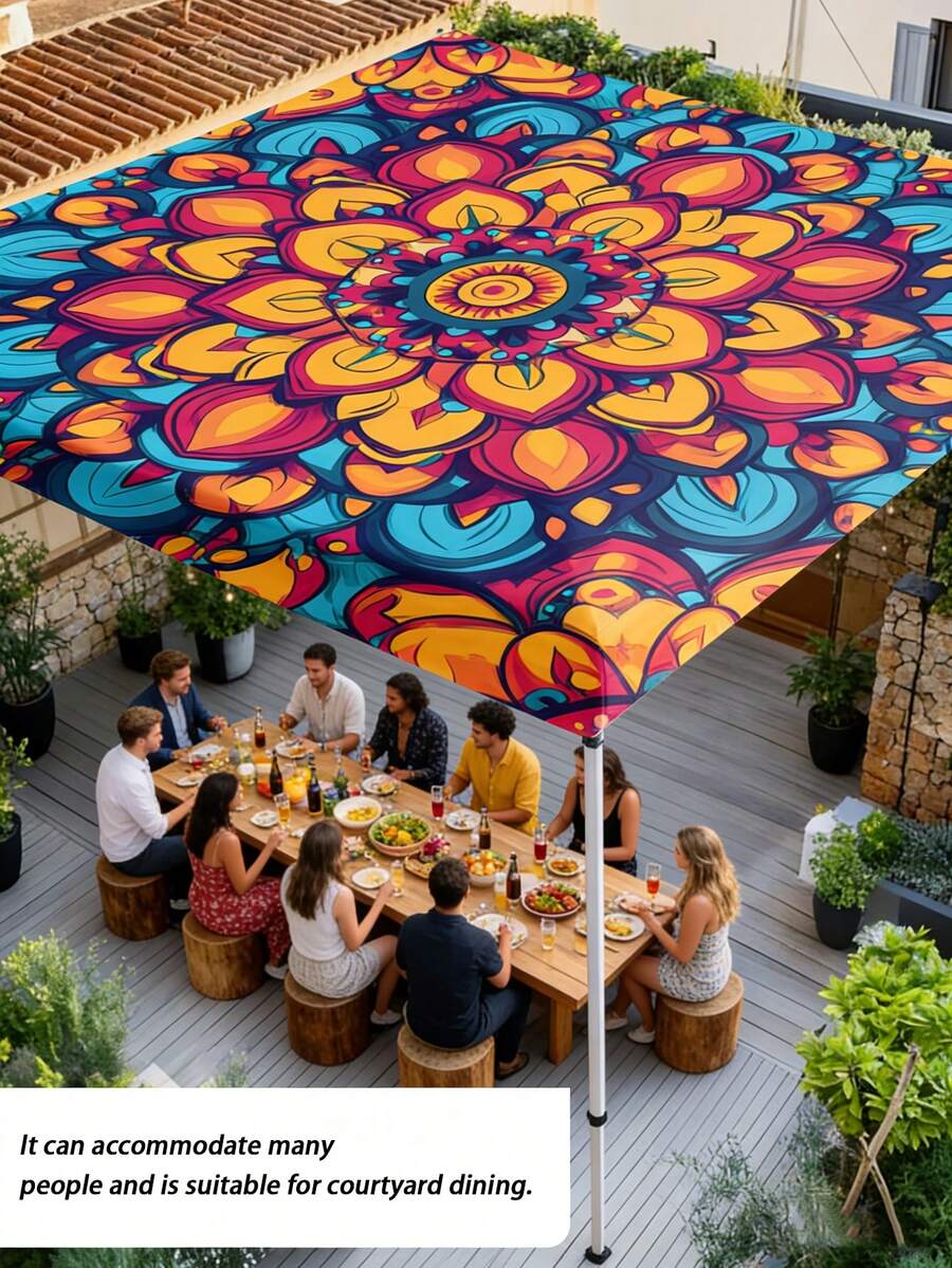 1 Floral Awning, Outdoor Thickened Waterproof Awning, Colorful Floral Awning, Gradient Mandala Floral Green Bohemian Pattern, Suitable For Gardens, Terraces, Beaches, Etc. (Includes Ropes, Frame Not Included), Camping Equipment - Multiple Styles - View 1