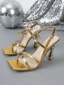 Women's Fashionable Sexy Square Toe Asymmetric Heel Sandals - Gold - View 12