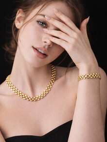 Dây chuyền bản to nhiều hàng kiểu mắt xích hình viên gạch, phong cách đường phố, trang sức kim loại đánh bóng hình học, chống thấm nước, không gỉ, chống phai màu, thép không gỉ chất lượng cao mạ vàng 18k chân không PVD. - Chuỗi liên kết đậm - Xem 3