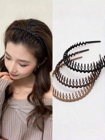 3pcs Wavy Shark Teeth Design Headbands For Women & Girls, Non-Slip Wavy Hair Hoops, Soft Plastic Sports Headbands For Daily Use, Makeup, Washing Face, Workout, Neutral Black & Brown Colors Hair Band