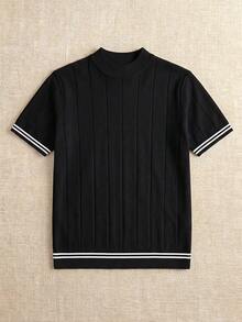 Men's Mock Neck Striped Trim Ribbed Knit Short Sleeve Top Casual Daily Wear - Black - View 3