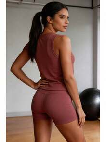 Juegos deportivos de ocio para mujeres sin mangas + pantalones cortos, con tejidos impresos de malla elástica, sastrería, adecuados para la temporada de primavera y verano, - Rosa - Ver 3