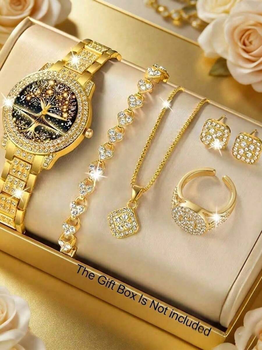6pcs/Set Elegant Ladies Watch, Exquisite Tree Of Life Dial, Elegant Design, Inlaid Golden Rhinestones, Suitable For Daily Commute, Dating, Shopping. Gift For Holidays Or Girlfriend's Birthday - Gold - View 1