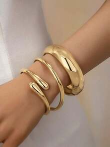 3pcs/1set Minimalist Geometric Asymmetrical Teardrop Thick Textured Gold-Tone Bangle Bracelet Set, Suitable For Women, Chunky Smooth Matte Heavy Metal & Zinc Alloy Material - Vàng - Xem 11