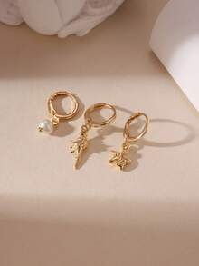 GEREIT 3pcs Asymmetric Beach Style Metal Faux Pearl Starfish Earring Set, Suitable For Women's Daily And Vacation Wear - Gold - View 5