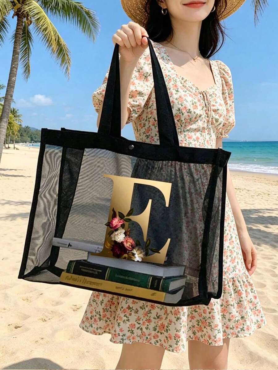 Túi tote dung tích lớn, túi đeo vai thời trang nữ, túi xách ngoài trời, túi mua sắm in hoa và chữ vàng, túi lưới đựng đồ, túi du lịch, cắm trại đa năng tiện dụng. - Nhiều màu - Xem 1