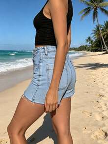 Women's Casual Non-Stretch Frayed Hem Button Bermuda Denim Shorts Summer - Light Wash - View 2
