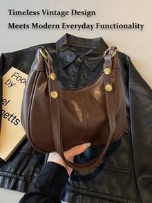 Women's Crescent Shoulder Bag, Made Of Solid Color Waterproof PU Fabric, Quilted Design, Minimalist Large Capacity Casual Travel Bag, Suitable For Travel, Shopping, Commuting And Work - Cà phê - Xem 4
