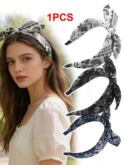1pc Retro Bohemian Style Cashew Flower Print Bow Headband, Elegant Wide-Brim Hair Hoop For Women, Suitable For Going Out, Parties, Travel, Photography, High-End Holiday Gift