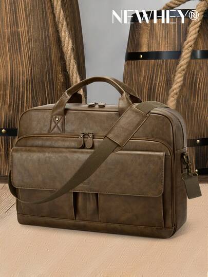 NEWHEY Men Laptop Bag PU Leather Messenger Bag 15.6 Inch Briefcase Vintage Computer Satchel Bag For Work Business