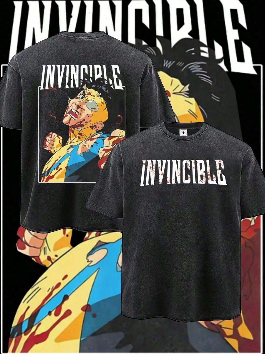 Mens Clothes;Summer TopsMen Water Washed Streetwear Brand Street Style 100 Percent Cotton T Shirt Invincible Comic Character And Text Graphic For Casual Fits| Front And Back Print| Vintage Heavyweight Tee| Perfect Gift| Loose Comfortable Breathable| Machine Washable Fabric| Hip Hop Cool Style| Drippy Clothes| Y2Ksummer Outfits 6C86 - 黑色 - 查看 1