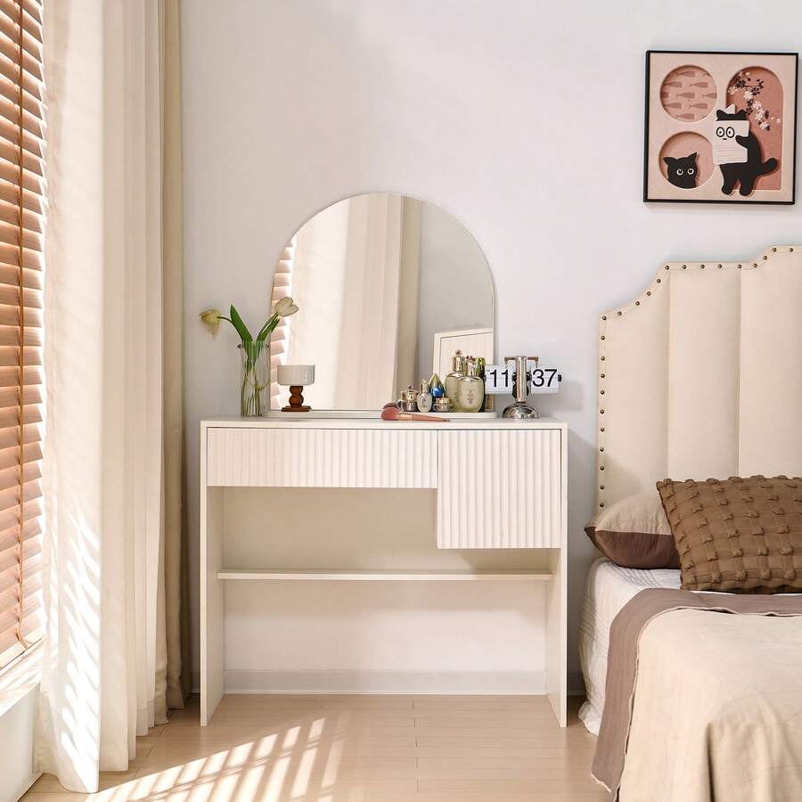 Dressing Table With Mirror – Modern Dressing Table With Drawers And Open Shelves, White, - H 135/W 90/D 40 Cm - White - View 1