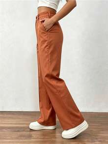 Solid Color Zipper Button Pocket Solid Color Women's Pants Elegant Commuting Versatile Office College Daily Pants Suitable For All Seasons Of Summer - Brick Red - View 3