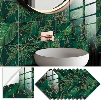 OUTANA 10 piezas de papel tapiz autoadhesivo y removible con patrón de hojas verdes para decoración del hogar, película de cristal autoadhesiva para pisos y paredes, recortable y combinable, adecuado para gabinetes, mesas de comedor, salas de estar, dormitorios, baños, oficinas y gimnasios, decoración de renovación primaveral
