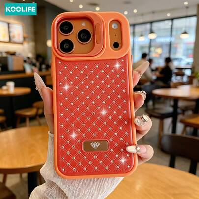 Koolife 1pc Orange Leather Rhombus Pattern Phone Case, Sparkling Rhinestone Decor, Lens Stand Shockproof Durable Cover, Suitable As Women's Gift, Fits Apple 17/17 Pro/17 Pro Max