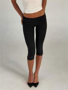 Womens Split Hem Capri Pants Fold Over Waist Solid Color Slim Fit Cropped Pants Trousers - 黑色 - 查看 1