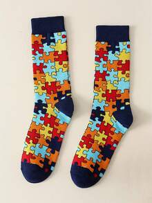 1 Pair Men's Mid-Calf Socks, Colorful Puzzle Print Pattern Knitted Crew Socks, Breathable Casual Socks, & Fun Personalized Socks For Daily Wear - Multicolor - View 6