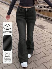 Quần jeans ống loe dáng ôm hai hàng cúc, thời trang và thanh lịch dành cho nữ, kiểu dáng thường ngày, tôn dáng, thích hợp cho mùa xuân. - Màu xám đen - Xem 1