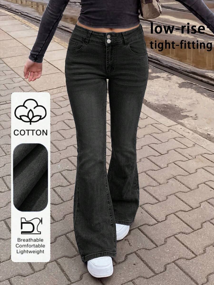 Quần jeans ống loe dáng ôm hai hàng cúc, thời trang và thanh lịch dành cho nữ, kiểu dáng thường ngày, tôn dáng, thích hợp cho mùa xuân. - Màu xám đen - Xem 1
