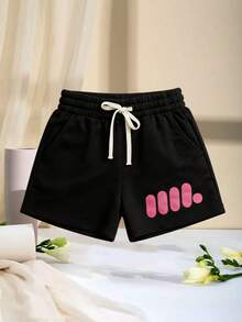 1pc Women's Summer Casual Drawstring Waist Shorts, With Pockets, Unique Printed Design, Suitable For Running, Fitness, Yoga And Sports Training - Black - View 3