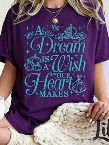 Loose Y2K Aesthetic Women Cotton T-Shirt, Inspirational Princess Print Round Neck Top For Summer Daily Outdoor Street Work Outfits - 紫色 - 查看 1