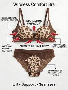 Sexy Leopard Print Front-Closure Bra And Thong Lingerie Set, Ultra-Comfort Wire-Free Push-Up Bralette With Lace Trim And Panties, Women's Seamless Underwear Set For Daily And Nightwear, Available In Brown Leopard - 豹紋 - 查看 4