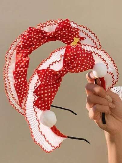 1件优雅波点发箍，手工雪球花朵和蝴蝶结装饰卡通头饰，女士款