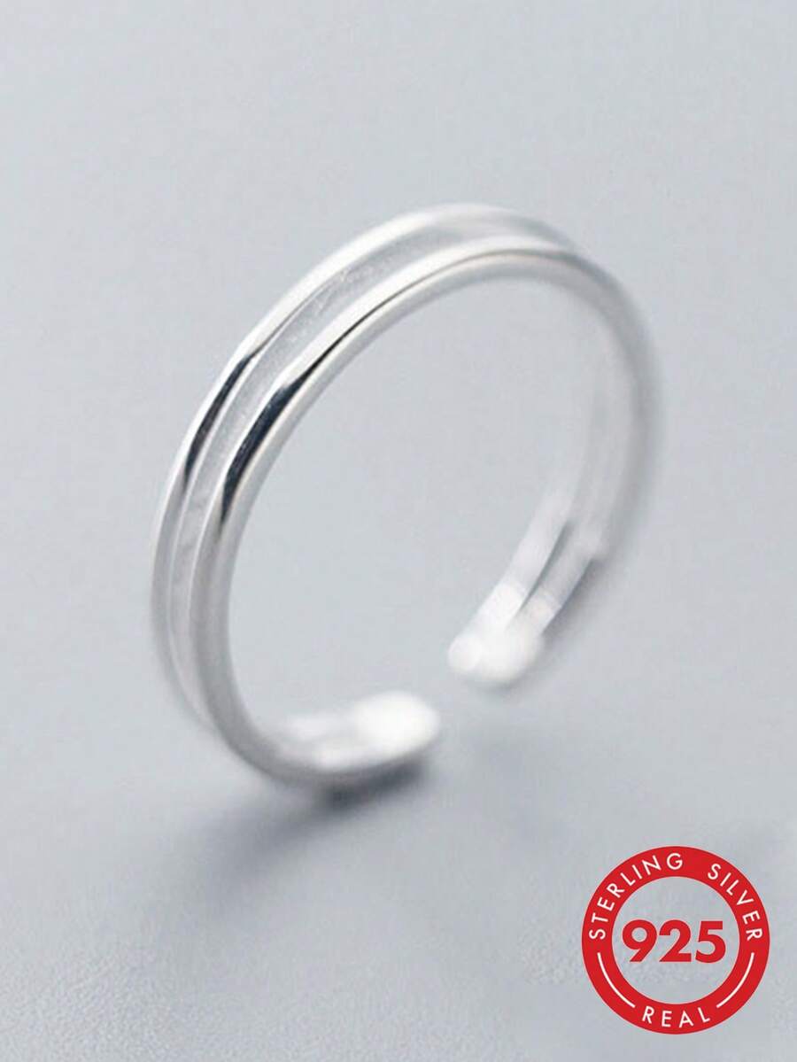 1pc 925 Sterling Silver Double Line Adjustable Tail Ring, Unisex Gift - Silver - View 1