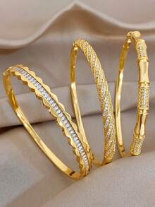18K Gold Plated Non-Fading Elegant Twisted Bamboo Cubic Zirconia Bracelet Set, Women's Jewelry Set, Summer Boho Beach Jewelry, Vacation Season, Mother's Day Gift, Daily Party Date Night Wedding Anniversary Music Festival Christmas Valentine's Day Easter - Multicolor - View 2