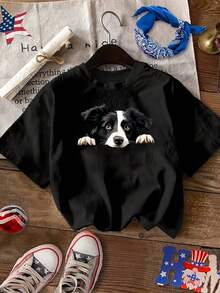 Mother's Day Border Collie Puppy Print Fashion Short-Sleeve, Casual Round-Neck T-Shirt, Women's Clothing - Black - View 1