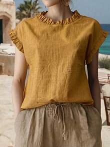 Solid Linen Texture Ruffle Trim French Retro Round Neck Short Sleeve Top, Summer Outfits For Women, Perfect For Holiday, Vacation & Daily Wear - Yellow - View 6