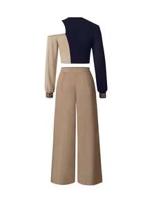 Set de 2 piezas de camiseta de manga larga con cuello redondo y pantalón de pierna recta estampados, de estilo casual y ajustado para mujer, para verano y primavera - Albaricoque - Ver 7
