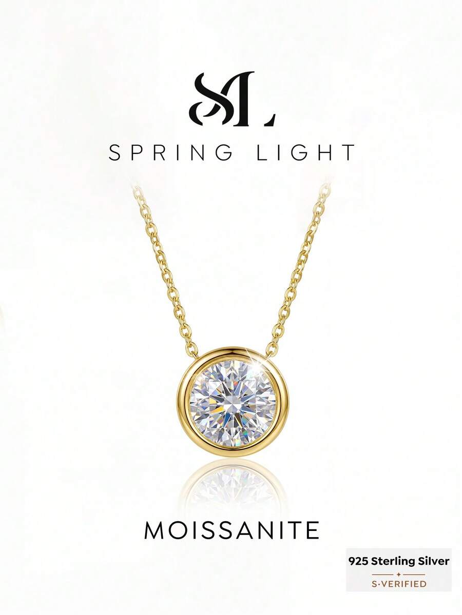 1 chiếc dây chuyền Moissanite đính kim cương tròn 1 carat, mặt dây chuyền bạc 925 cao cấp, kiểu dáng cổ điển thanh lịch, dây chuyền hứa hẹn, dây chuyền vĩnh cửu, món quà trang sức sang trọng tinh tế dành cho phụ nữ. - Vòng cổ Moissanite tròn - Xem 1