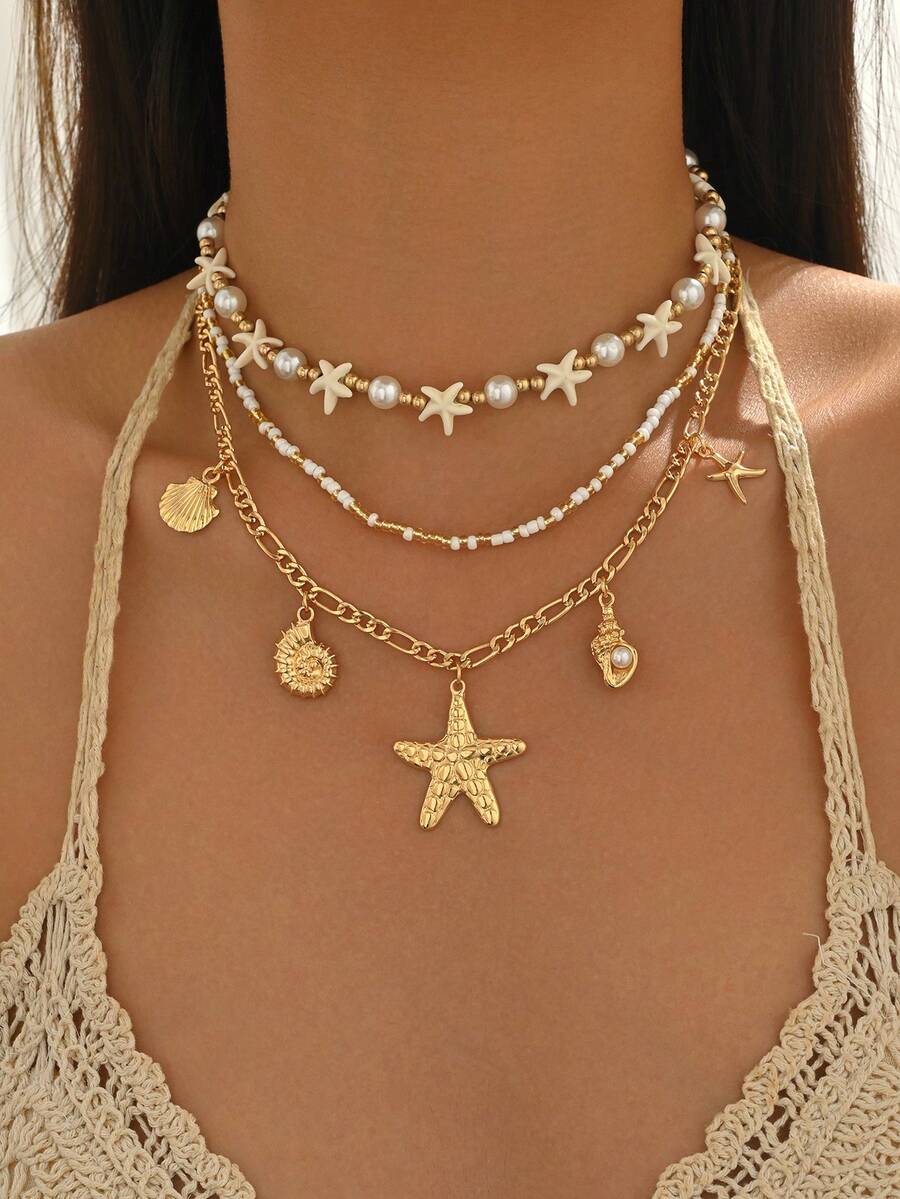 3pcs/Set Summer Beach Vacation Style Starfish, CCB Faux Pearl, Beaded Necklace, Fashion Versatile Ocean Creature Multi-Pendant Necklace, Suitable For Daily Wear, Vacation, Party, Date. The Bead Color Arrangement Is Random. - Multicolor - View 1