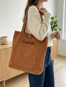 Túi tote denim cá nhân hóa, túi tote in tên theo yêu cầu, túi tote thêu tên có ngăn, túi đeo vai họa tiết chữ cái, túi công sở hàng ngày, quà tặng cho nữ. - Nhiều màu - Xem 3