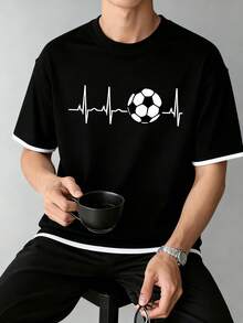 T-shirt à manches courtes d'été pour hommes avec imprimé électrocardiogramme de football à la mode - Noir - Voir 1